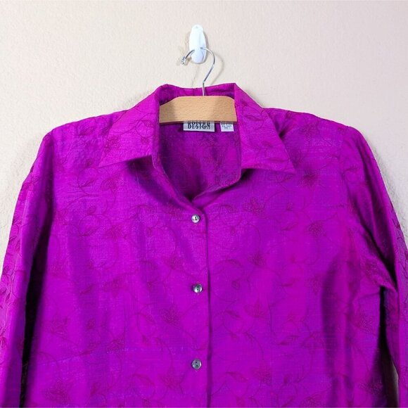 VTG 90s Chicos 100% Silk Magenta Pink Floral Embroidered Button-Down M Fairy - Picture 4 of 8